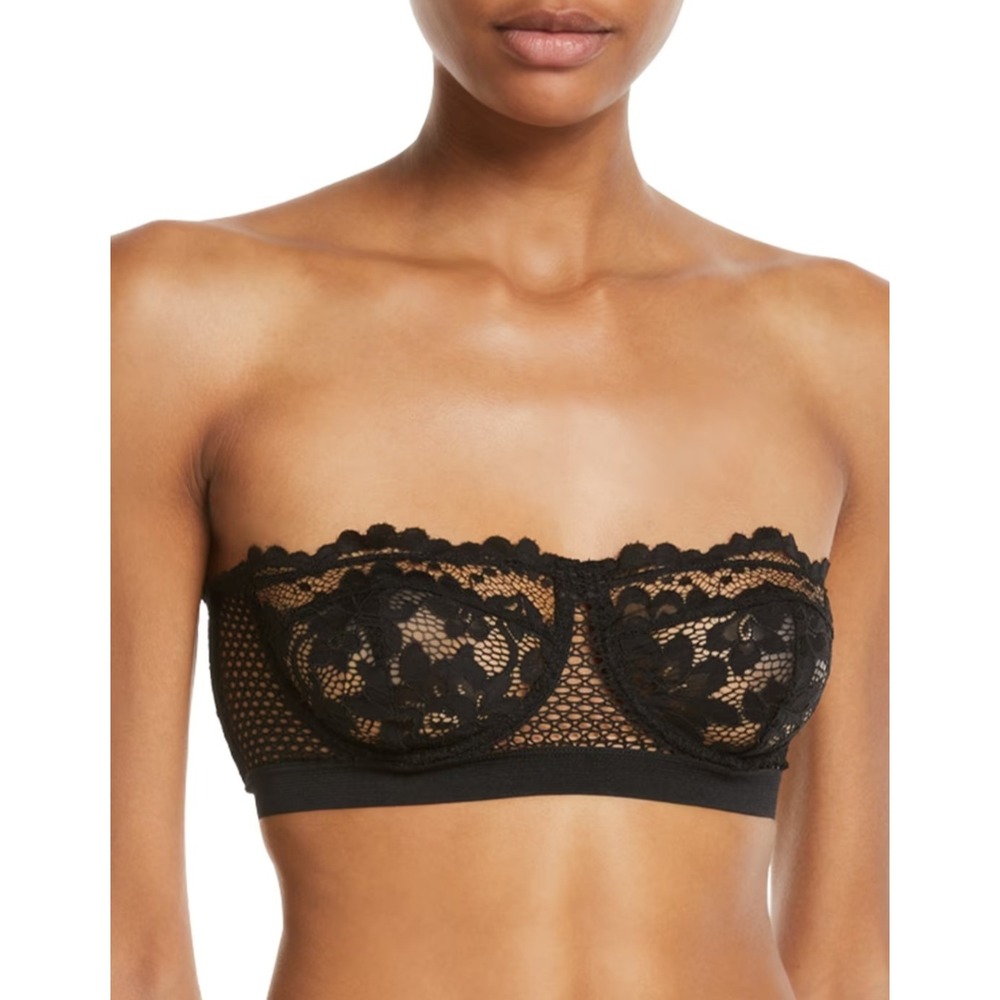 Else Lace Strapless Bandeau Bra Size 34C Black Underwire Mesh Trim Lingerie Sexy